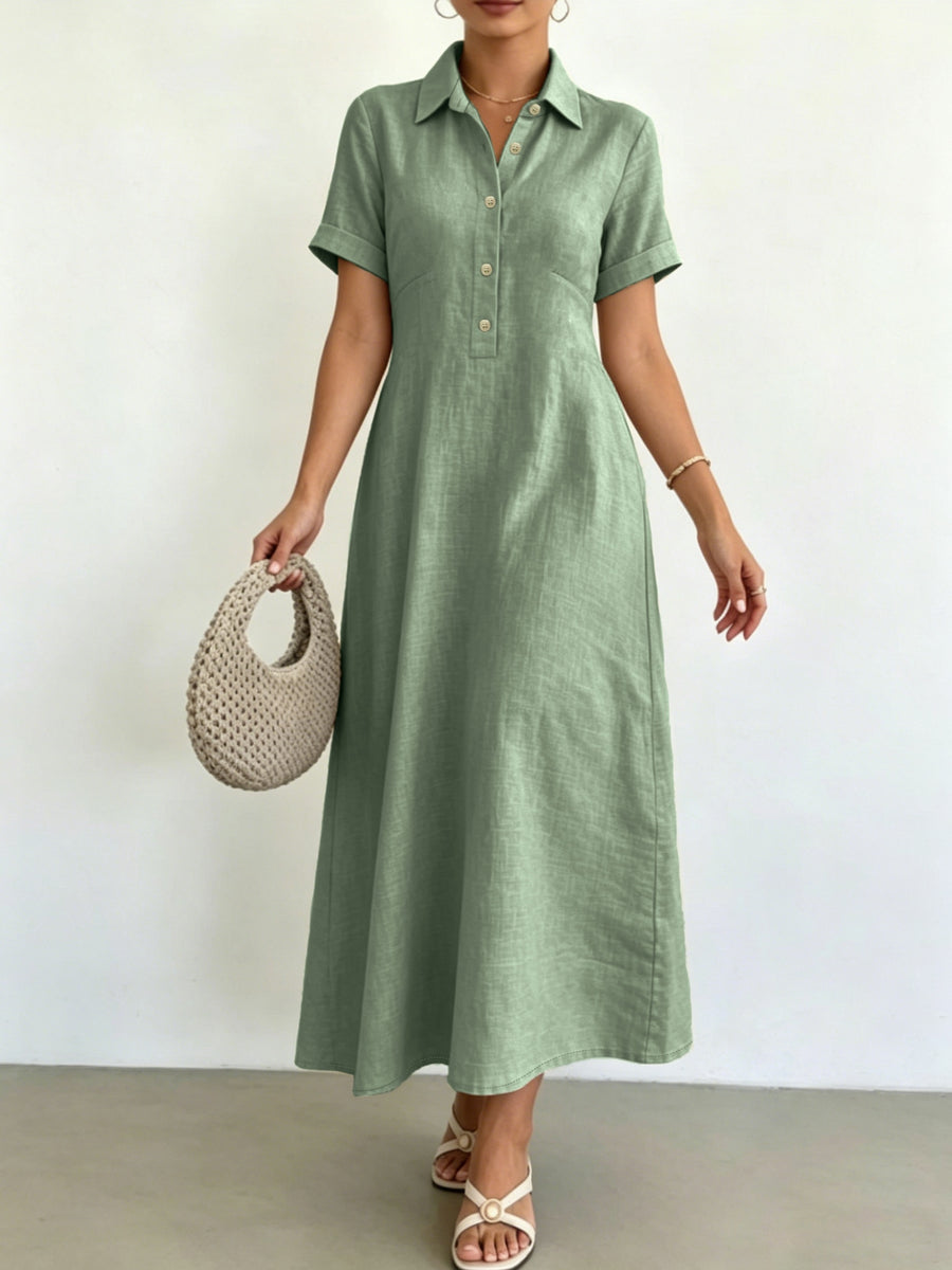 Women's Blended Fabric Shirt Dress with Lapel Collar, Half-Button Short Sleeves, A-Line Midi Length, Summer Casual Light Business Commuter Dress - Green