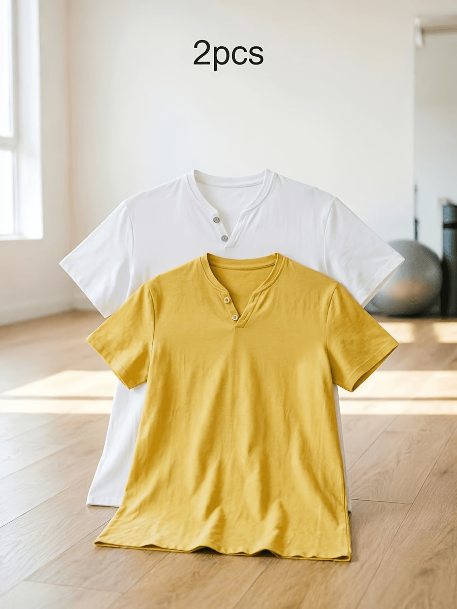 Men's Summer Linen T-Shirts 2pcs, Breathable Soft V-Neck Henley Short Sleeve Shirts, Loose Casual Beach Yoga Tops, Trendy Mens Casual Wear - White+Yellow