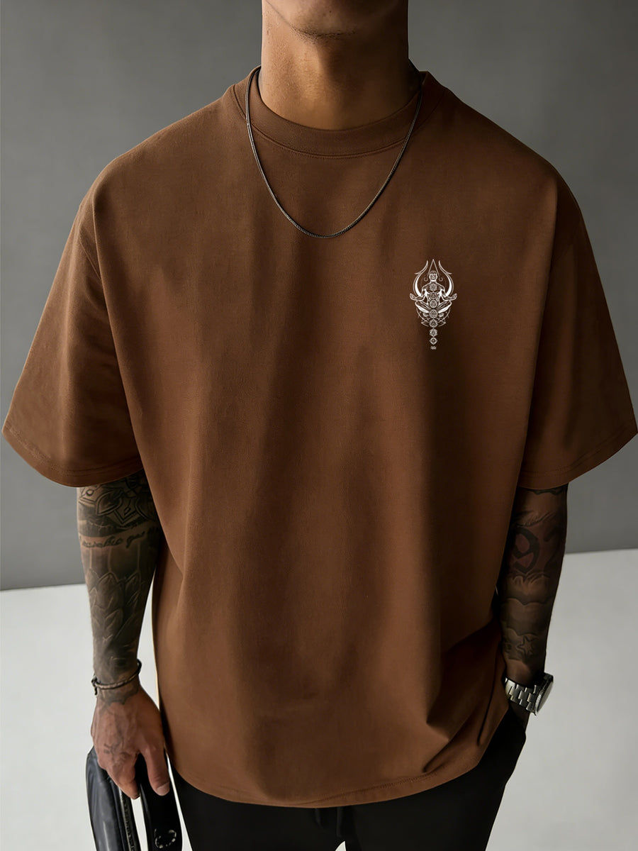Men's 100% Pure Cotton T-Shirt, Zen Chakra Print, Breathable and Soft, for All Seasons, Casual Daily Commute - Coffee Brown