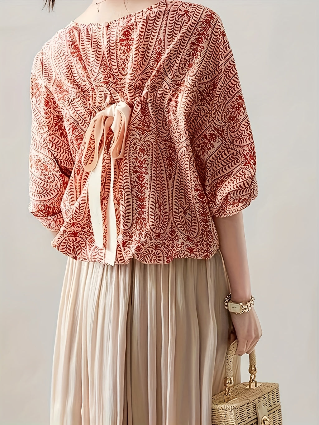 Elegant Blue and White Paisley Print Shirt, Bat Sleeves, Loose Fit Women's Round Neck Top, Women's Shirt - Red