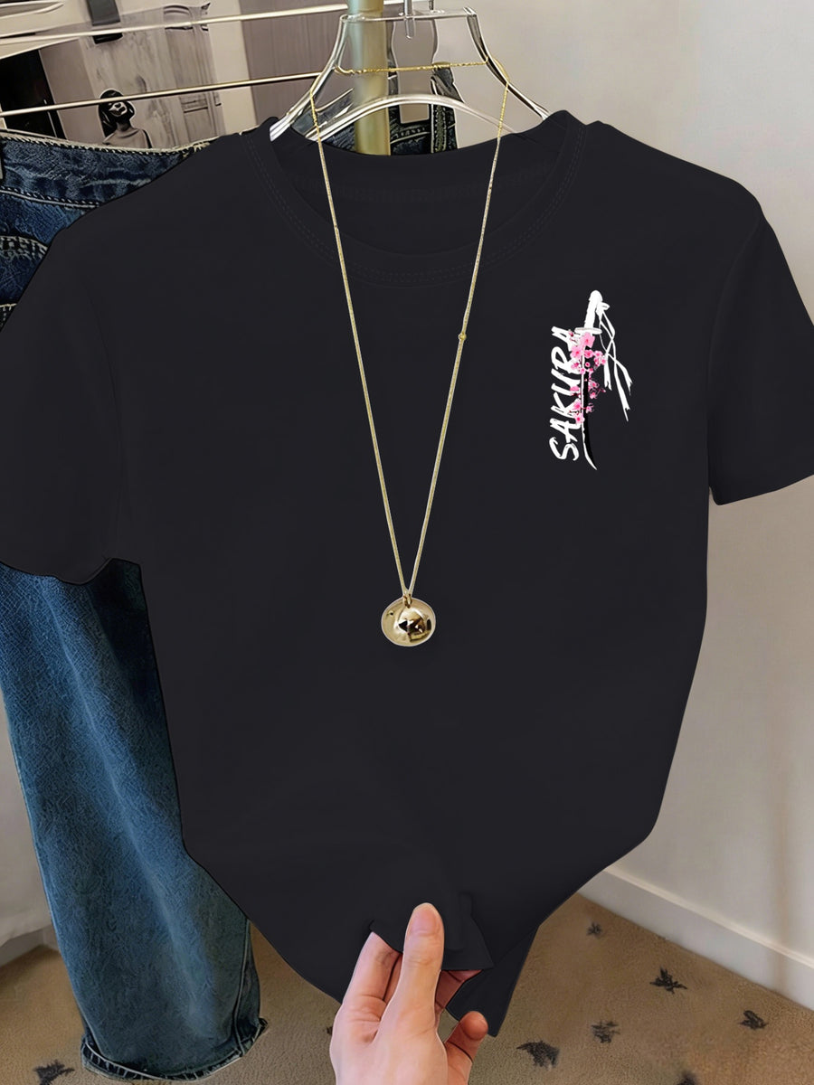 Women's Samurai Sword Print T-Shirt - Cherry Blossom & Katana Design Short Sleeve Round Neck -Compatible Fit Suitable for Spring Summer Fall Casual Wear, Machine Washable -Themed Outfits - Black