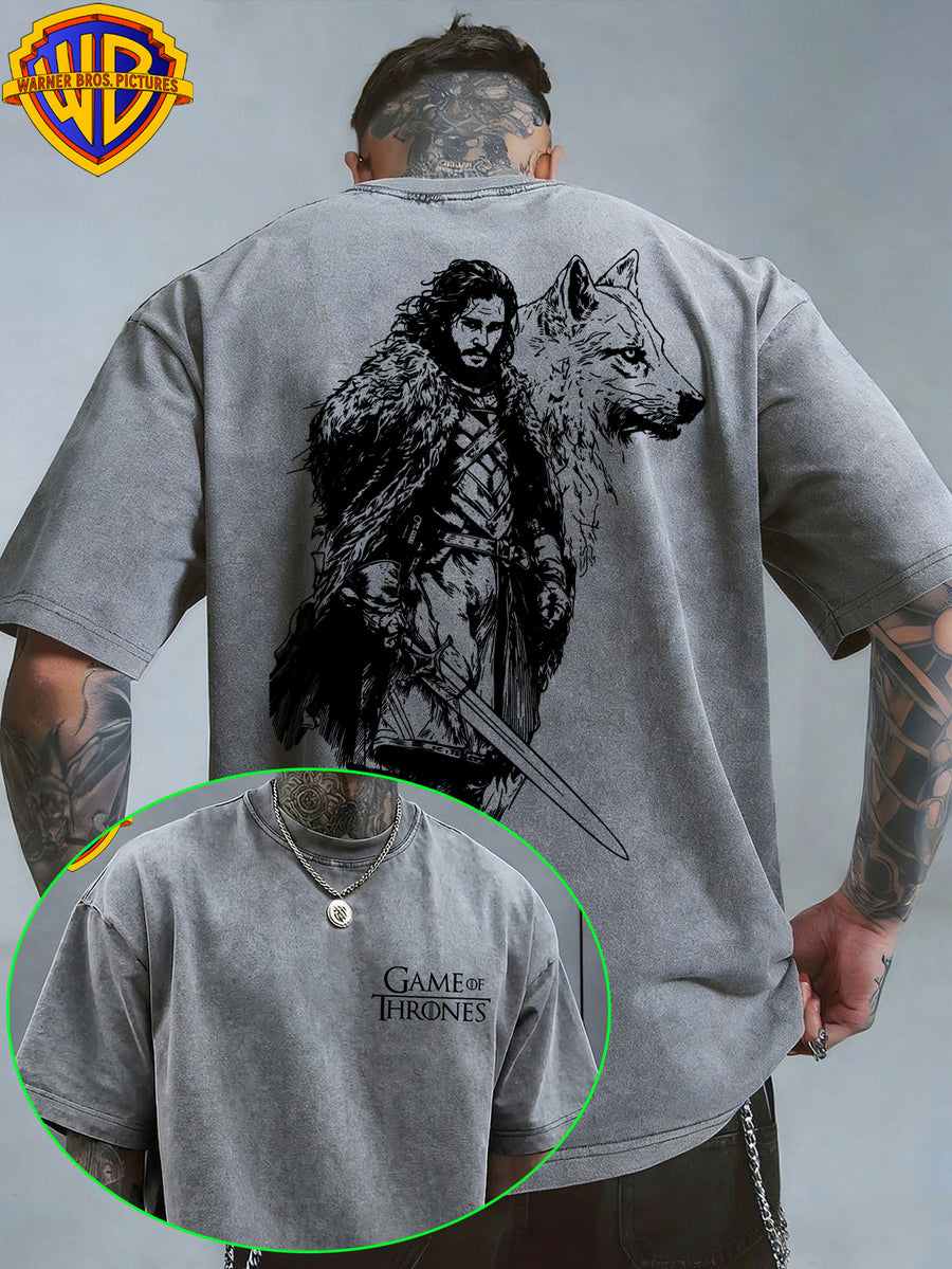 Warner Bros. Authentic Classic North King Snowman Hand-Drawn Sketch Portrait Ice Wolf Print Retro Distressed T-Shirt Loose Round Neck Top Summer Trendy Street All-Match Top - Grey