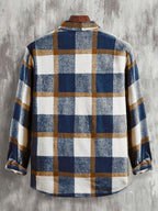 Autumn/Winter Men's Casual Jacket, Vintage Plaid Lapel Long-Sleeve Shirt Top, Button-Up Cardigan Outerwear, Chest Pocket Design, for Outdoor Sports and Daily Wear, Stylish and Versatile Style - Blue