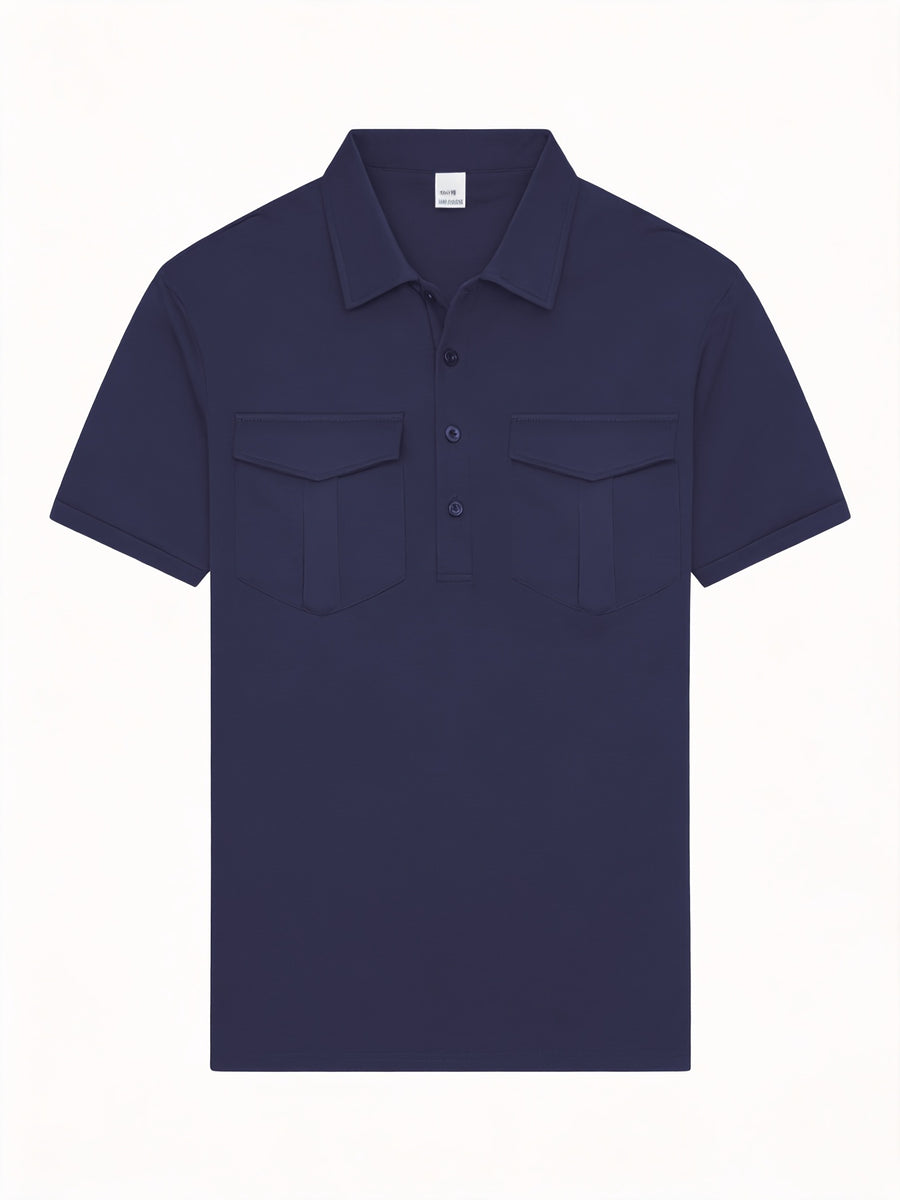 Men'S Short-Sleeved Polo Shirt with Lapel, Front Button Placket, Two Pockets And Solid Color - Navy Color