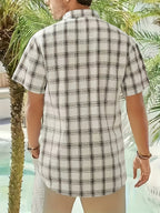 Men's casual 100% pure cotton striped checked shirt (suitable for casual wear during outings and weekend parties) Short-sleeved pocket design, button-down top - Milky