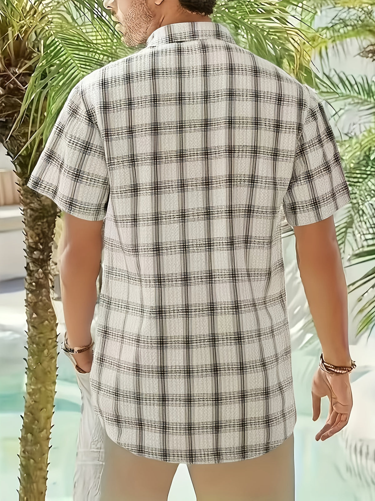 Men's casual 100% pure cotton striped checked shirt (suitable for casual wear during outings and weekend parties) Short-sleeved pocket design, button-down top - Milky