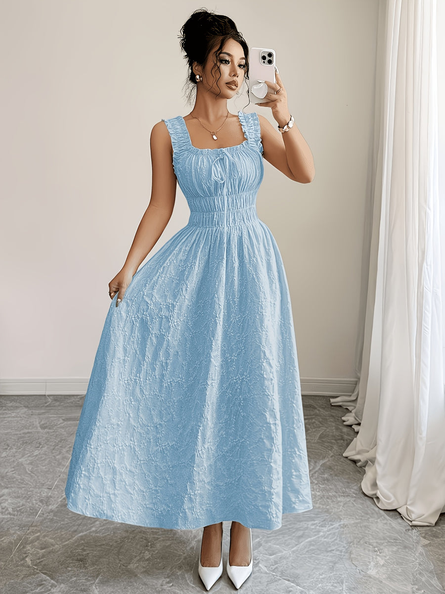 Women'S Spring Summer Solid Color Jacquard Fabric Elegant Long Dress, Made of Floral Textured Fabric, Featuring Thin Straps, Bow Design And Ruched Waist, Presenting a Fashionable, Versatile, Elegant And Exquisite Look - Sky Blue
