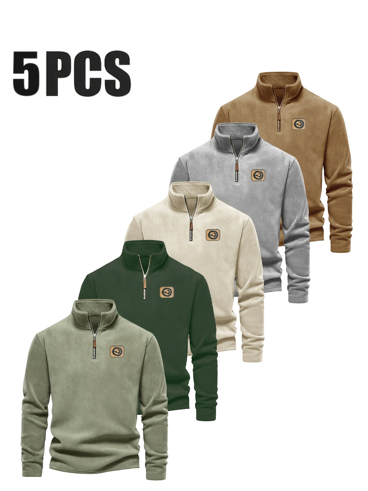 Men's Half-Zip Pullover Top, 5pcs, Soft and Skin-Friendly, Versatile for Daily Casual and Sportswear - Mint Green+Dark Green+Apricot+Gray+Orange