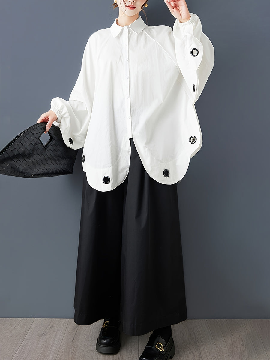 Women's Autumn Loose Fit Irregular Hem Batwing Shirt with Unique Design, Casual and Figure-Flattering Top - White