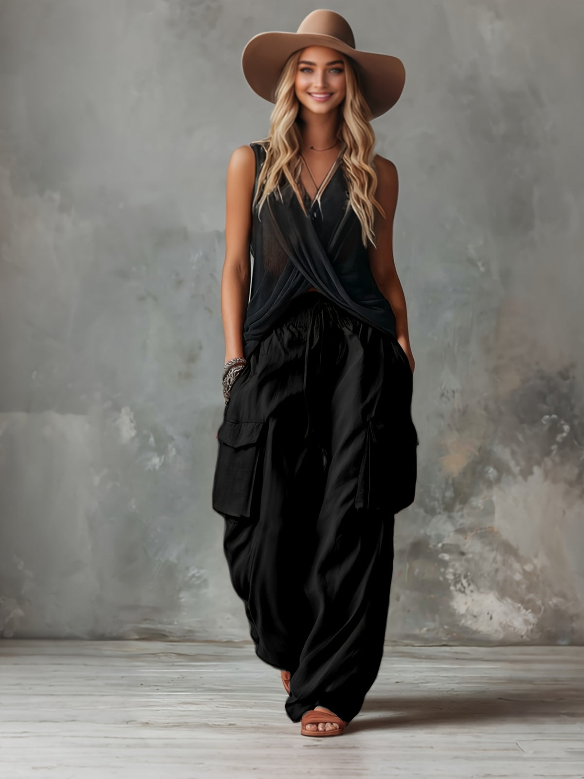 Women'S Elegant Casual Outdoor Pocket Cargo Pants - Black