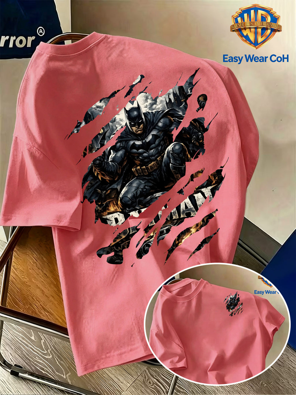 Warner Authorized New Men'S Casual Round Neck Short Sleeve T-Shirt, Front And Back Ripped Claw Mark Effect Batman Creative Pattern Print, Trendy Cool Individual Men'S Top, Niche Print Non-Collision Style, Soft Skin-Friendly Breathable Fabric - Watermelon Red