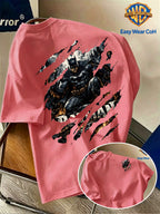 Warner Authorized New Men'S Casual Round Neck Short Sleeve T-Shirt, Front And Back Ripped Claw Mark Effect Batman Creative Pattern Print, Trendy Cool Individual Men'S Top, Niche Print Non-Collision Style, Soft Skin-Friendly Breathable Fabric - Watermelon Red