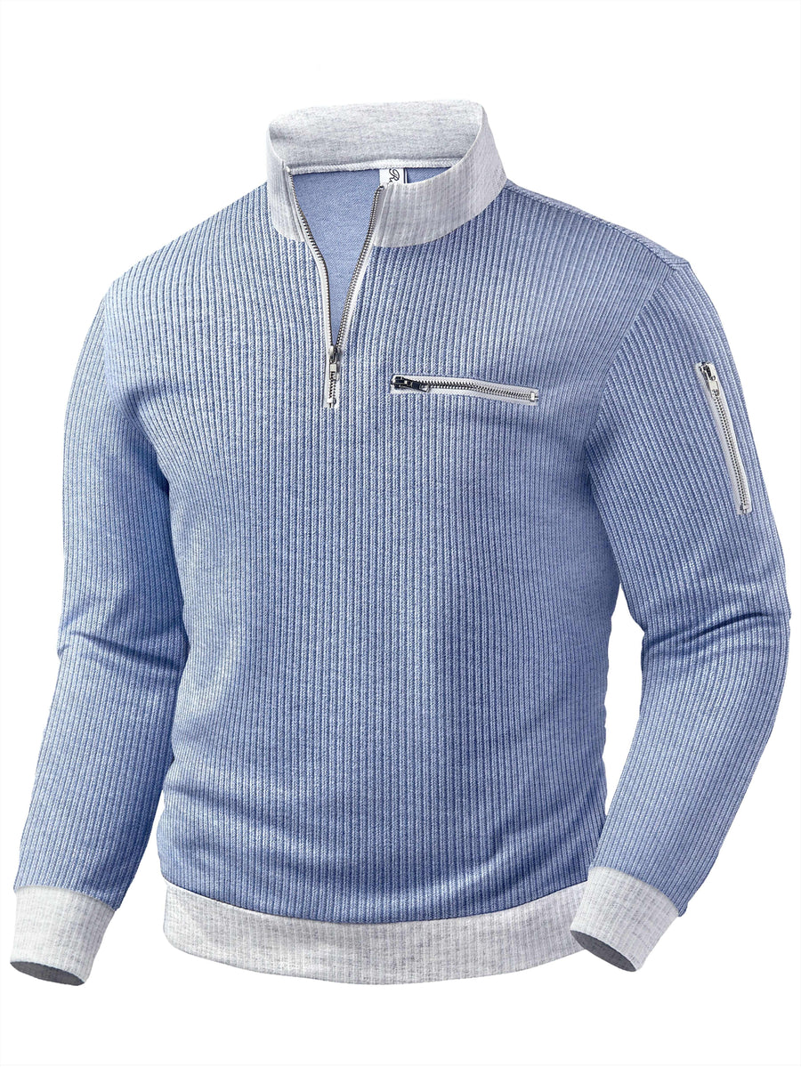 ROYALBOY Men's Striped Half-Zip Stand Collar Long Sleeve Pullover with Zippered Pocket, Contrast Cuffs and Hem - Vibrant Blue