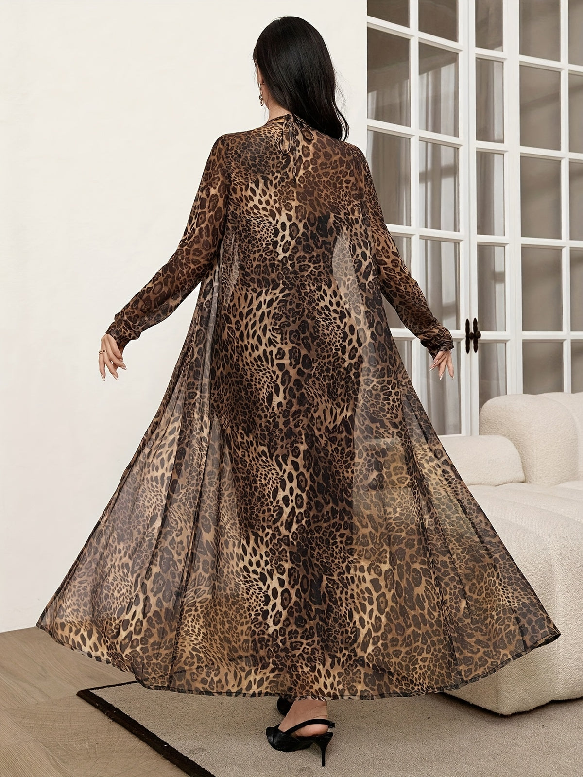 Leopard Print Long Dress and Cardigan Set - Elegant Two-Piece Outfit with Leopard Print Skirt and Long Sleeve Open Cardigan, Women'S Fashion, Stylish Outfits|Leopard Print Dress|Elegant Cardigan - Leopard Print