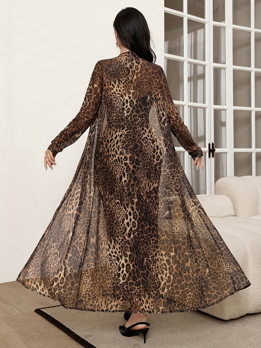 Leopard Print Long Dress and Cardigan Set - Elegant Two-Piece Outfit with Leopard Print Skirt and Long Sleeve Open Cardigan, Women'S Fashion, Stylish Outfits|Leopard Print Dress|Elegant Cardigan - Leopard Print