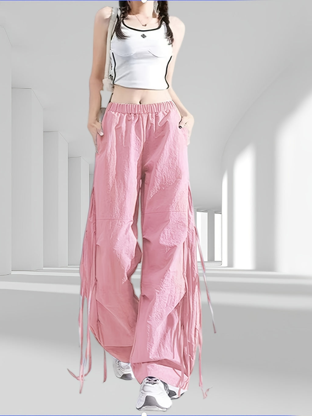 1039 Bow Tie Drawstring Quick-Dry Work Pants Women's Summer Thin American Casual Wide-Leg Parachute s Trousers - Pink