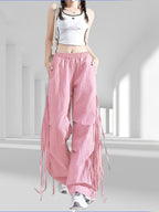 1039 Bow Tie Drawstring Quick-Dry Work Pants Women's Summer Thin American Casual Wide-Leg Parachute s Trousers - Pink