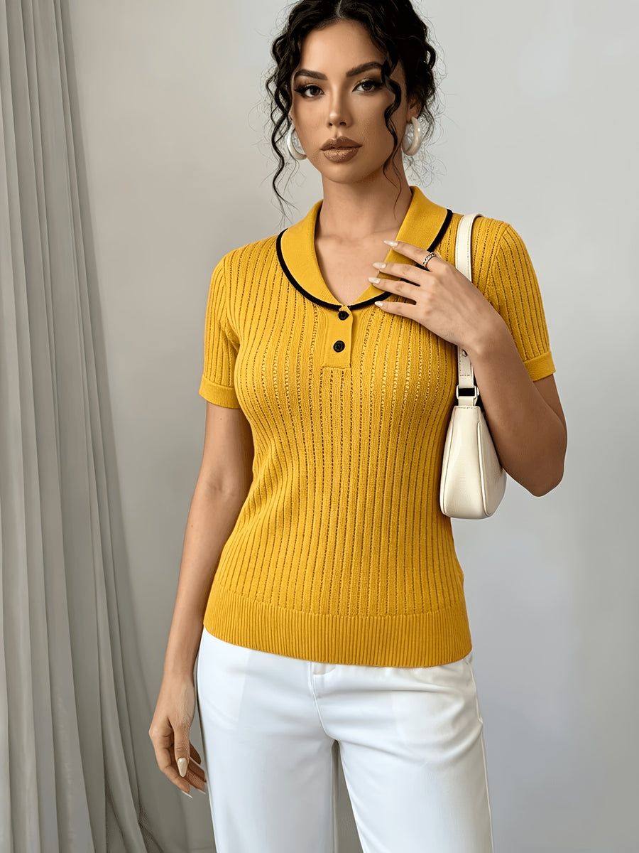 Women'S Summer Clothing Short Sleeve Solid Color Sweater, Lapel Hollow Out Design, Slim Fit Style Pullover, Spring Summer Season - Yellow