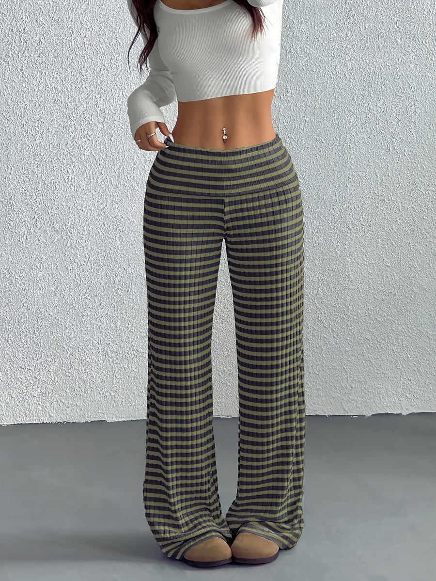 Women's Wide- Trousers - Wide- Pants with Striped, Wide-Legged Trousers Suitable for Spring/Summer, Machine Washable Elegant Wide Pants for, Casual & Semi-Formal Wear, Non- Wide Trousers - Green