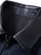 Men's Vintage Patchwork Outerwear, Notched Lapel Suedette-Look Zipper Baseball Jacket with Suedette Contrast Trim on Collar, Pockets, and Cuffs, Autumn/Winter Daily Warm Short Coat - Blue