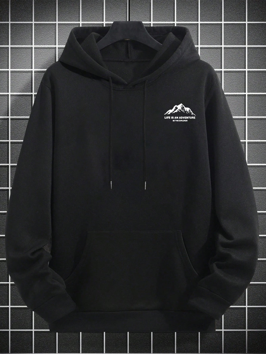 Men's Casual Hooded Sweatshirt - Outdoor Mountain Style Loose Fit Hooded Sweatshirt with Pocket, Featuring a  Explorer Mountain Pattern and English Letter Print, a Versatile Pullover for Cold Weather Protection and Warmth, Suitable for Outdoor - Black