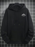Men's Casual Hooded Sweatshirt - Outdoor Mountain Style Loose Fit Hooded Sweatshirt with Pocket, Featuring a  Explorer Mountain Pattern and English Letter Print, a Versatile Pullover for Cold Weather Protection and Warmth, Suitable for Outdoor - Black