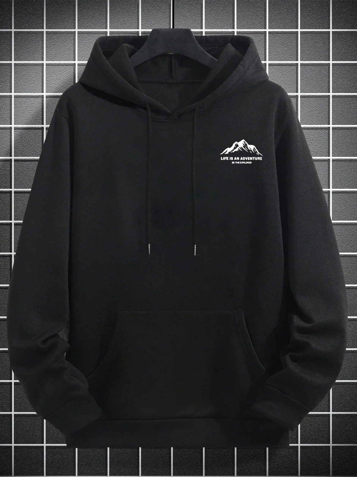 Men's Casual Hooded Sweatshirt - Outdoor Mountain Style Loose Fit Hooded Sweatshirt with Pocket, Featuring a  Explorer Mountain Pattern and English Letter Print, a Versatile Pullover for Cold Weather Protection and Warmth, Suitable for Outdoor - Black
