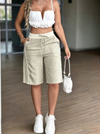 Women's Fashion Casual Pants - Color Block Patchwork High-Waist Straight-Leg Cropped Shorts - Apricot