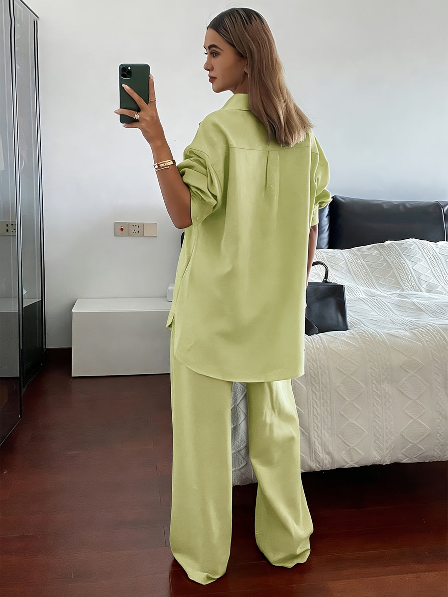 Women'S Spring Autumn Elegant Casual Loose Comfortable Solid Color Shirt Top And Straight Long Pants 2pcs Set - Matcha Color
