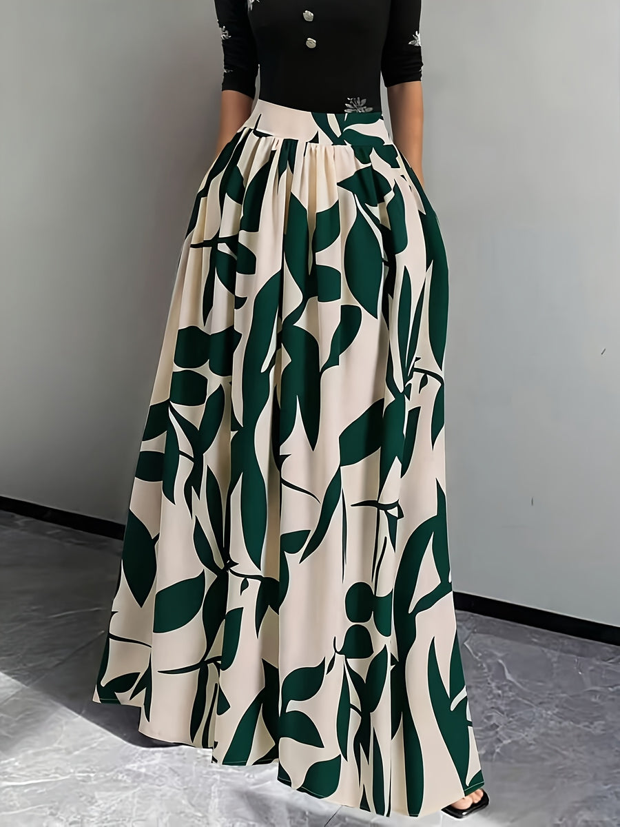 New Spring/Summer/Autumn Women's Printed High-Waist A-Line Skirt, Summer Vacation Dress - Dark Green