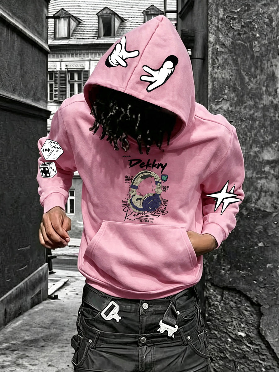 Autumn/Winter Men's Sweatshirt, Vintage Over-Ear Headphones Graffiti Letter Print Hoodie, Street Style Men's Hooded Sweatshirt, Casual and Versatile Fit, Suitable for Daily Wear, Casual and Sporty Outfits, Men's Autumn/Winter Essential Hoodie - pink