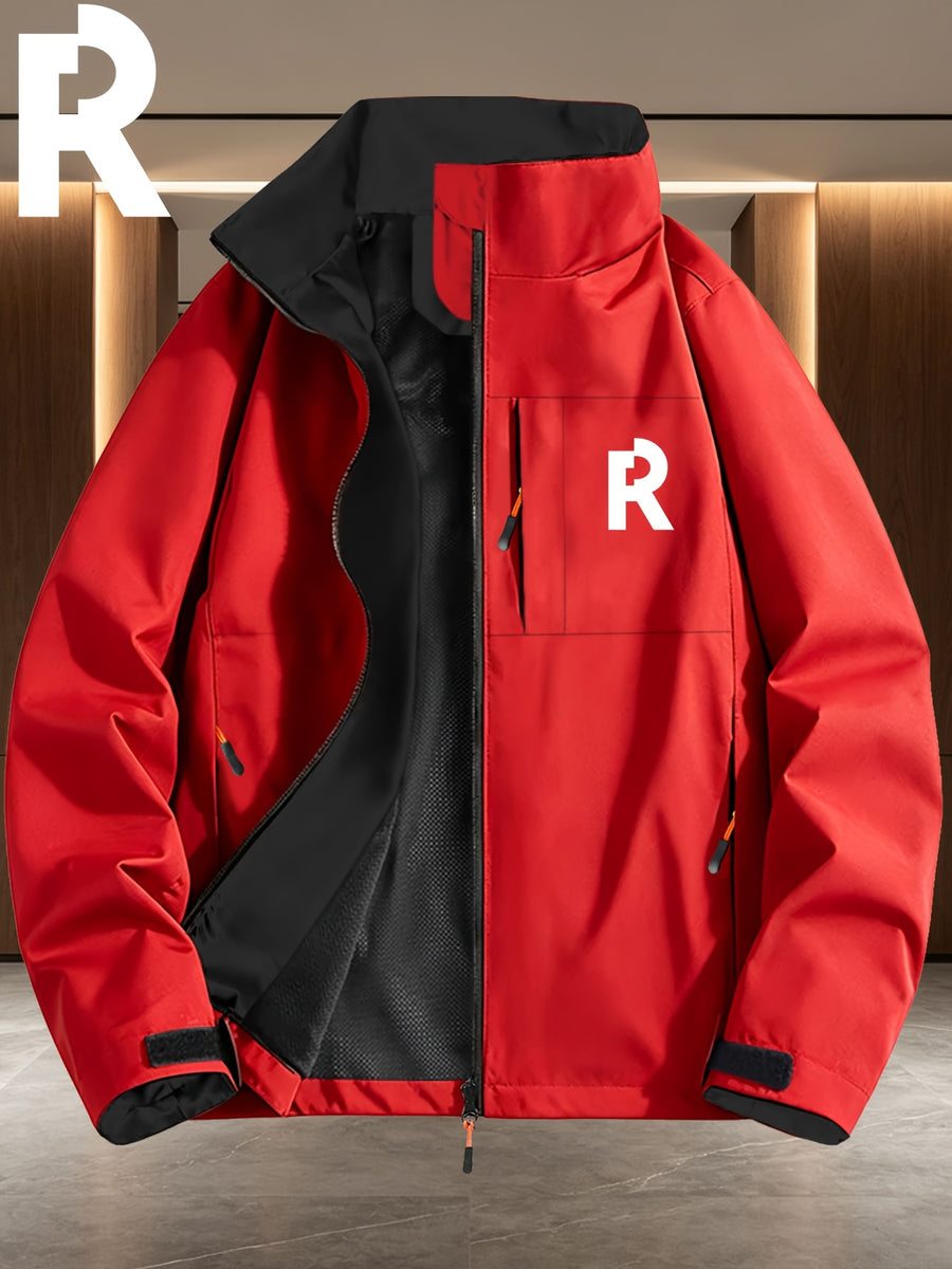 Simple Large "R" Letter Navy Blue Lined White Full-Zip Stand Collar Windproof Jacket for Men and Women, Spring/Autumn Multi-Pocket Trendy Casual Outdoor Windbreaker - Red