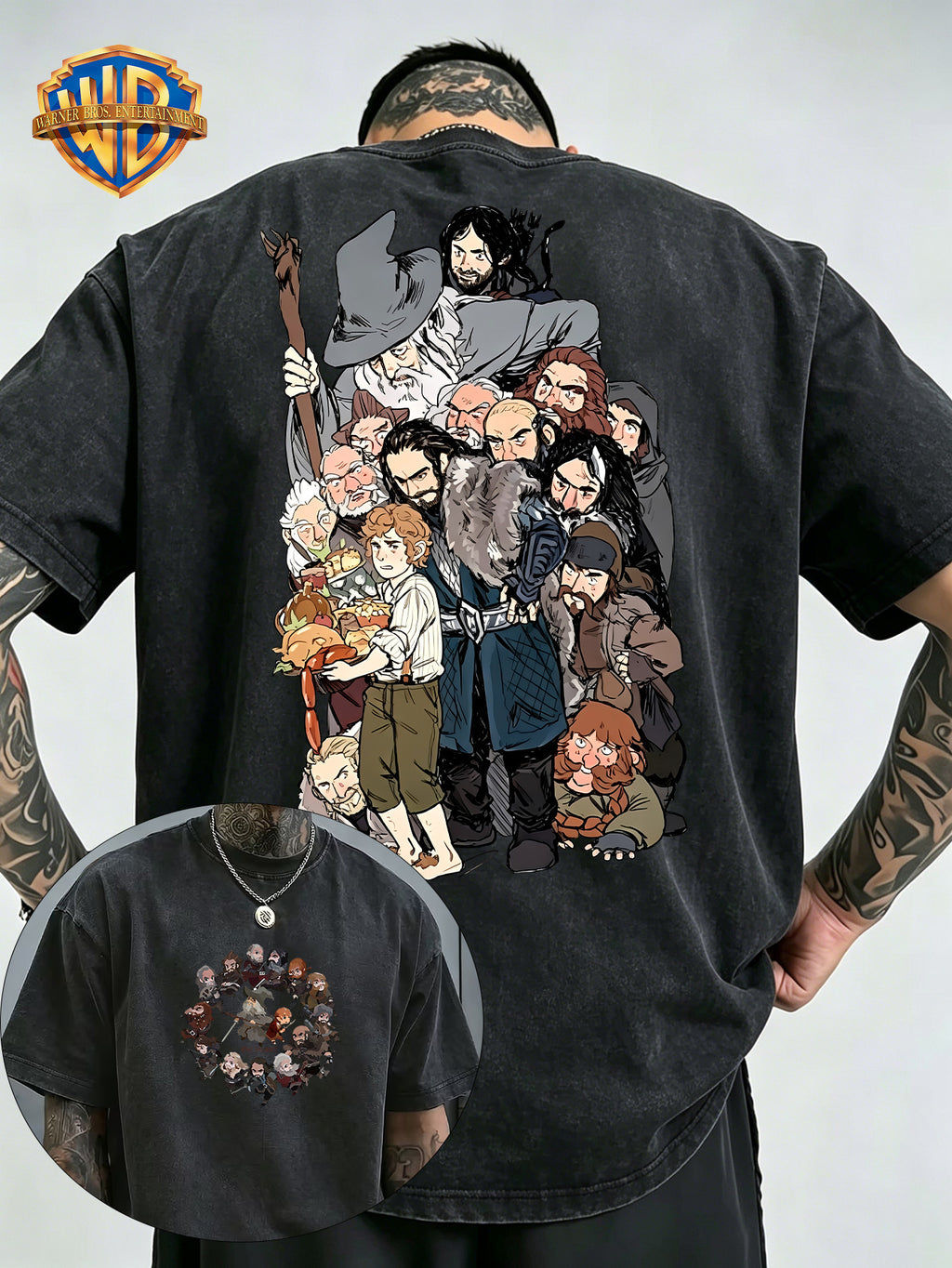 Warner Bros Official Men's Washed Pure Cotton Short-Sleeve T-Shirt, Featuring a Classic The Hobbit and Dwarves Team Anime Print on the Back, and a Circular Group Portrait Design of Characters on the Front Chest. Rich in Detail, It Showcases an Epic - Black