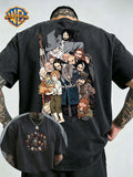 Warner Bros Official Men's Washed Pure Cotton Short-Sleeve T-Shirt, Featuring a Classic The Hobbit and Dwarves Team Anime Print on the Back, and a Circular Group Portrait Design of Characters on the Front Chest. Rich in Detail, It Showcases an Epic - Black