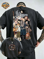 Warner Bros Official Men's Washed Pure Cotton Short-Sleeve T-Shirt, Featuring a Classic The Hobbit and Dwarves Team Anime Print on the Back, and a Circular Group Portrait Design of Characters on the Front Chest. Rich in Detail, It Showcases an Epic - Black