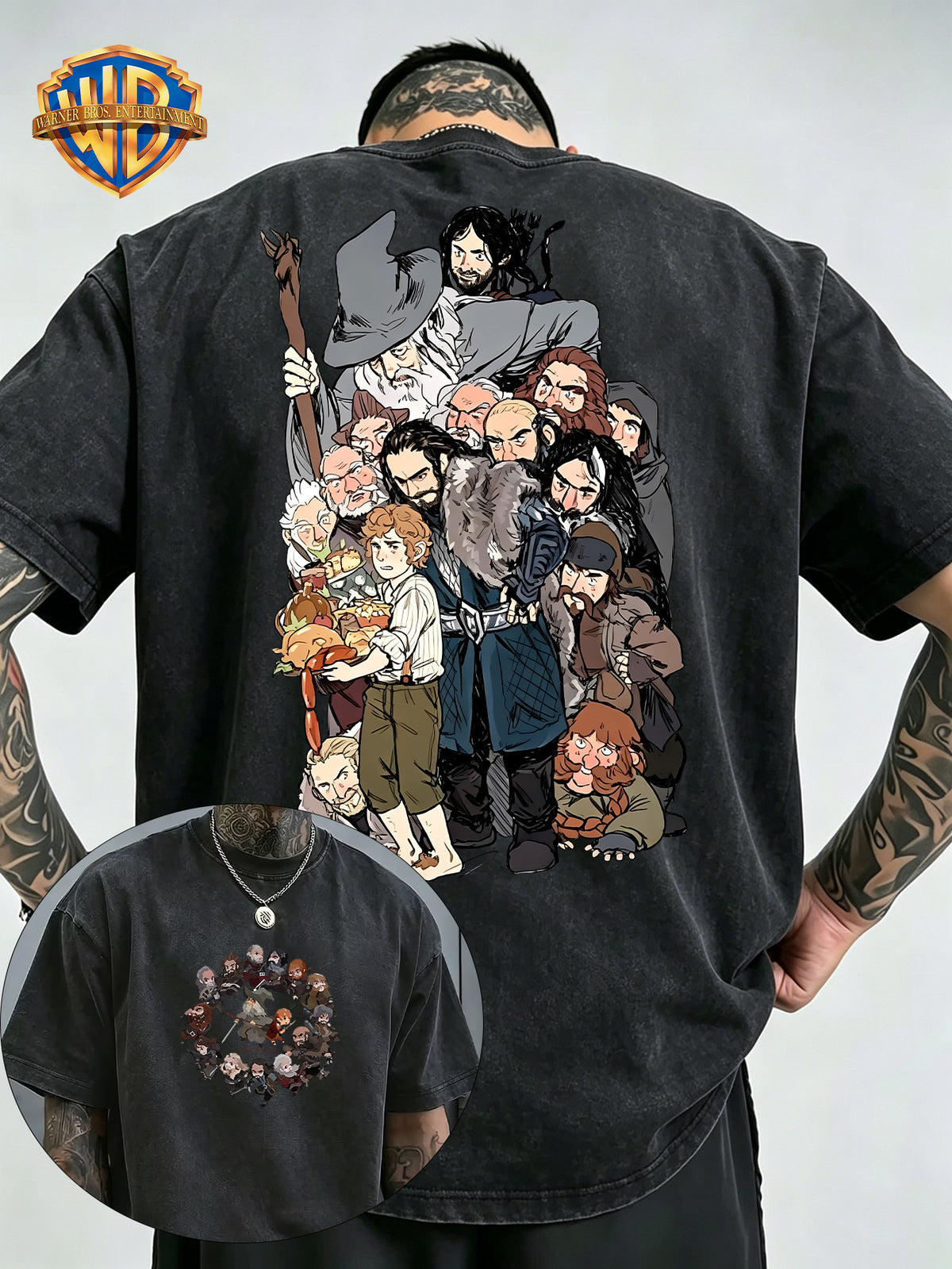 Warner Bros Official Men's Washed Pure Cotton Short-Sleeve T-Shirt, Featuring a Classic The Hobbit and Dwarves Team Anime Print on the Back, and a Circular Group Portrait Design of Characters on the Front Chest. Rich in Detail, It Showcases an Epic - Black