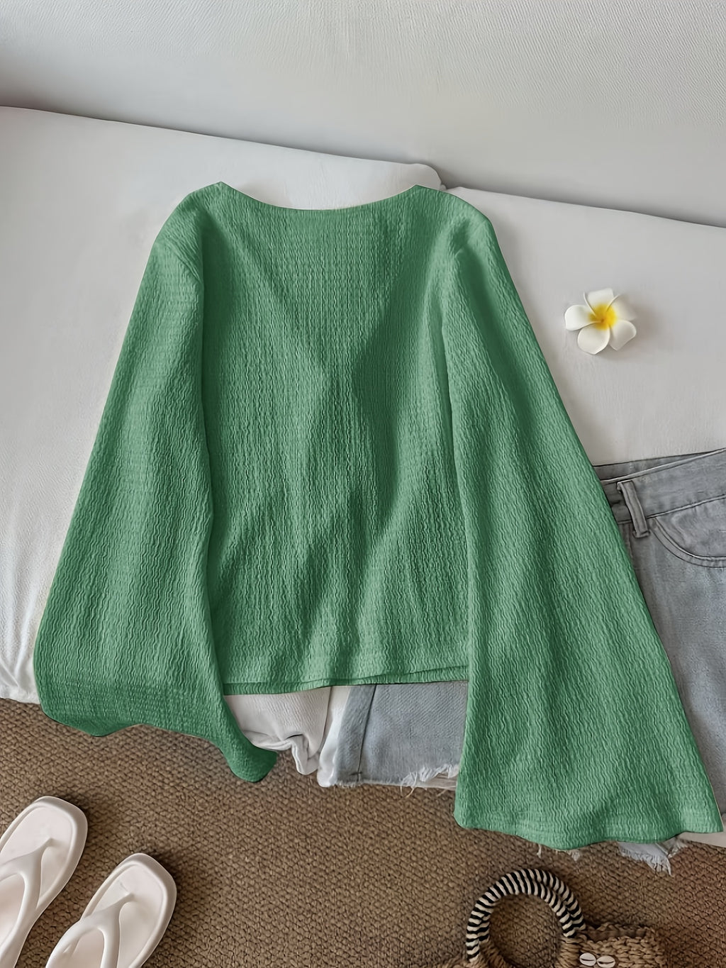 Solid Color Front-Tie Bow Open-Front Fashion Flared Sleeve Blouse New Women'S Short Top - Ocean Green