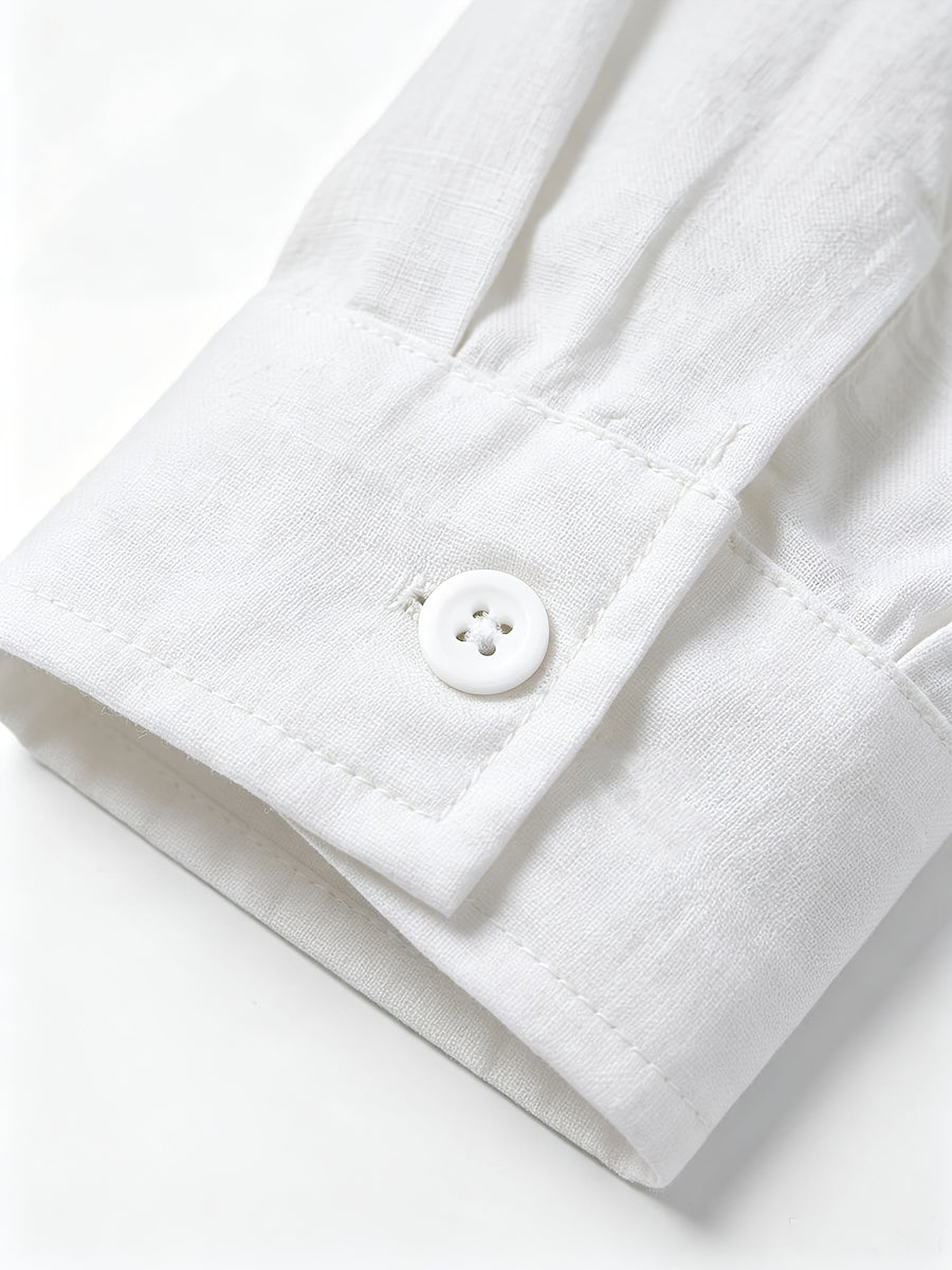 Men's Linen Shirt. Small Stand-up Collar Button- Shirt, Men's Casual Long-sleeve Shirt, Essential for Autumn and Winter, Simple and Versatile - White