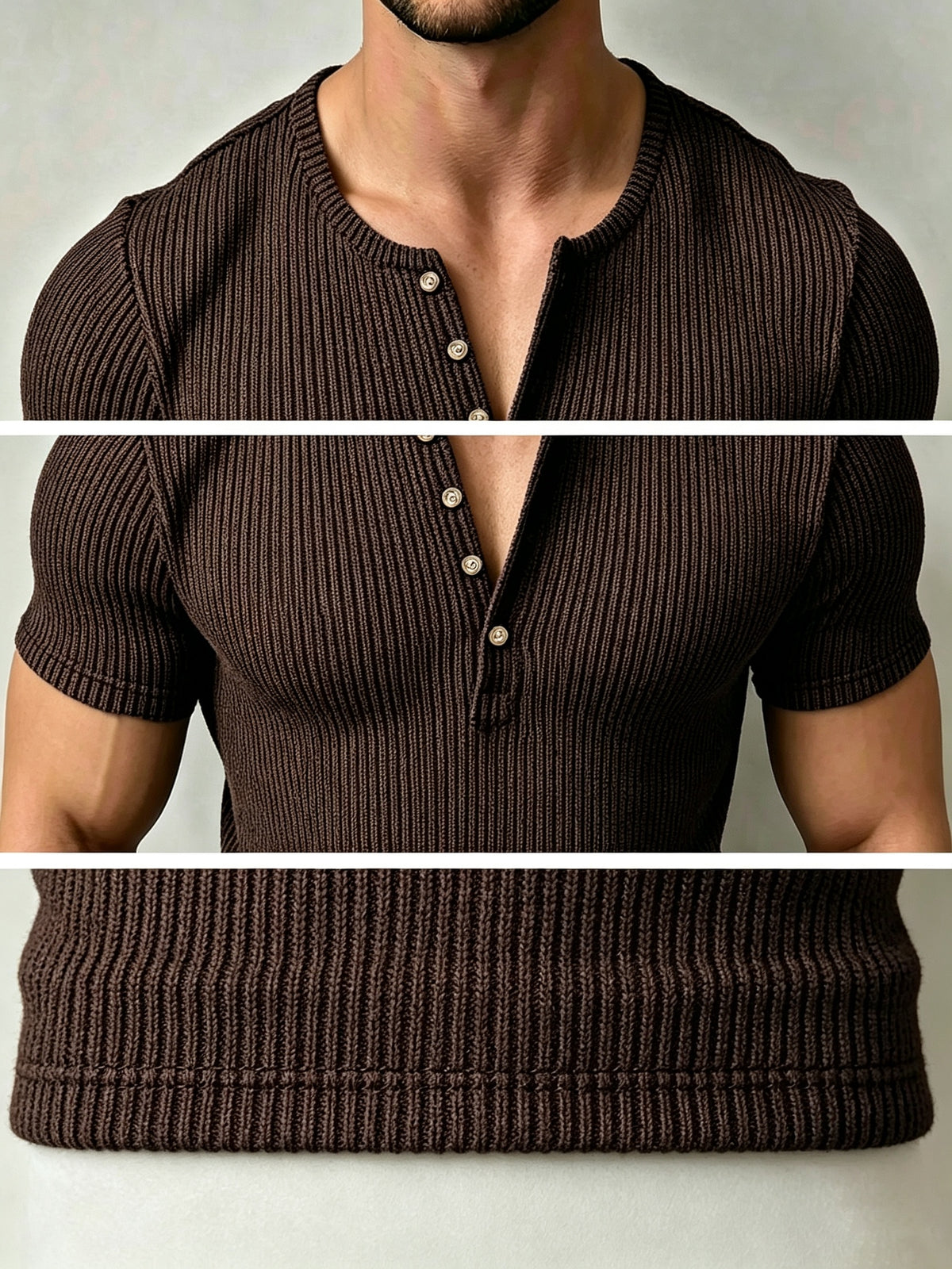 Josh Mei Product Selection Business Casual Men's Henley Short Sleeve Vertical Striped Textured Lightweight Breathable Top Outdoor Street Trendy Daily Commute Underwear Shirt - Coffee Color