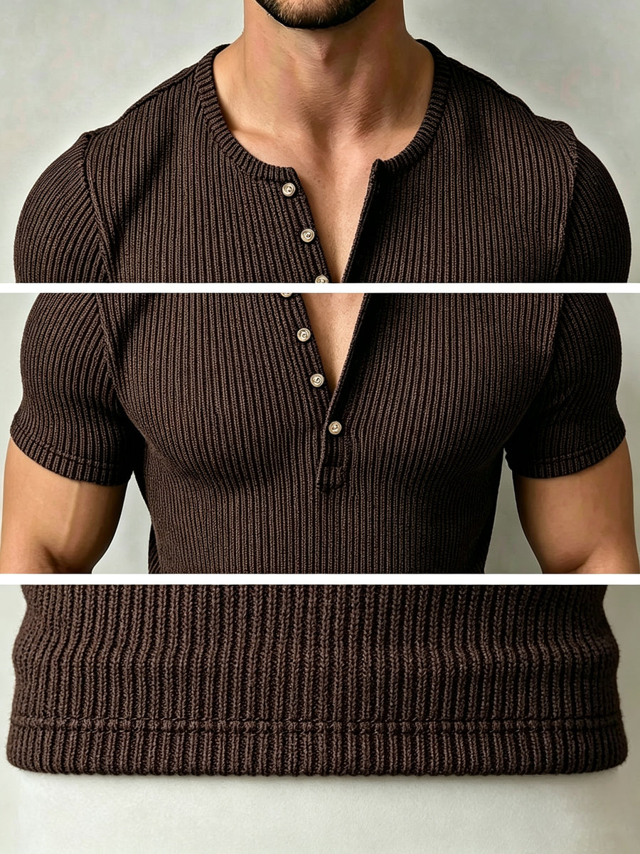 Josh Mei Product Selection Business Casual Men's Henley Short Sleeve Vertical Striped Textured Lightweight Breathable Top Outdoor Street Trendy Daily Commute Underwear Shirt - Coffee Color