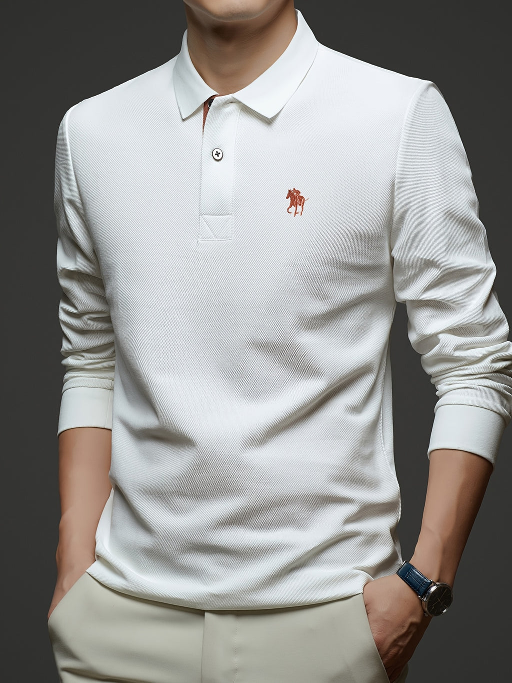 [Saa Xing OBM] 1pc Spring/Autumn New Men'S Polo Shirt, Solid Color Embroidered Half-Button Placket Single-Button Polo Collar Long Sleeve Men'S Fashion Versatile Pullover Base Layer Top, Classic Design, Suitable for Spring, Autumn, Wear - White