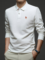 [Saa Xing OBM] 1pc Spring/Autumn New Men'S Polo Shirt, Solid Color Embroidered Half-Button Placket Single-Button Polo Collar Long Sleeve Men'S Fashion Versatile Pullover Base Layer Top, Classic Design, Suitable for Spring, Autumn, Wear - White