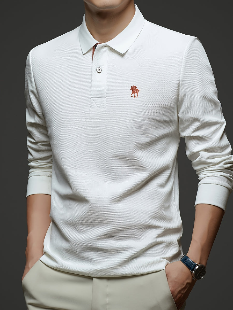 [Saa Xing OBM] 1pc Spring/Autumn New Men'S Polo Shirt, Solid Color Embroidered Half-Button Placket Single-Button Polo Collar Long Sleeve Men'S Fashion Versatile Pullover Base Layer Top, Classic Design, Suitable for Spring, Autumn, Wear - White