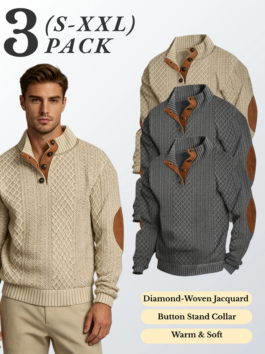 3pcs Men'S Textured Jacquard Knit Sweater Retro Casual Button-Up Stand Collar Long Sleeve Top for Autumn Winter Outing Home Versatile Basic Solid Color - Dark Gray 2+ Khaki