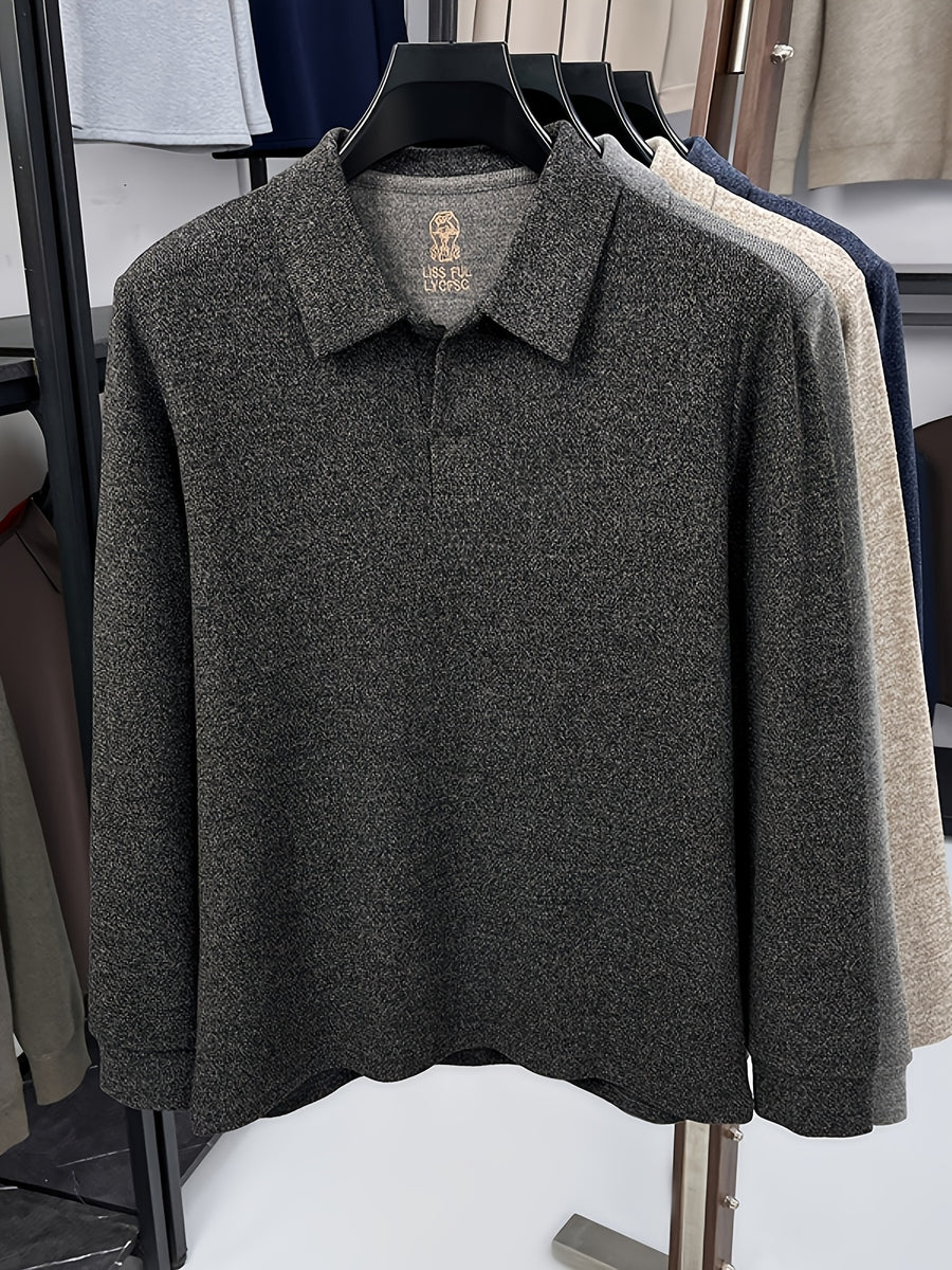 Men's Solid Color Long-Sleeve Polo Knit Shirt, Soft and Skin-Friendly Blended Yarn Polo Shirt, Semi-Open Collar for Easy Wear and Universal Fit, Suitable for Daily Commuting, Visiting Friends and Family, Casual Loose-Fit Long-Sleeve T-Shirt - Black