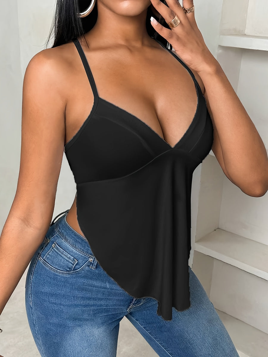 Women's Solid Color Camisole T-Shirt, Sexy Women's Summer Casual Backless Top, Simple Daily Long Strap Camisole - Black