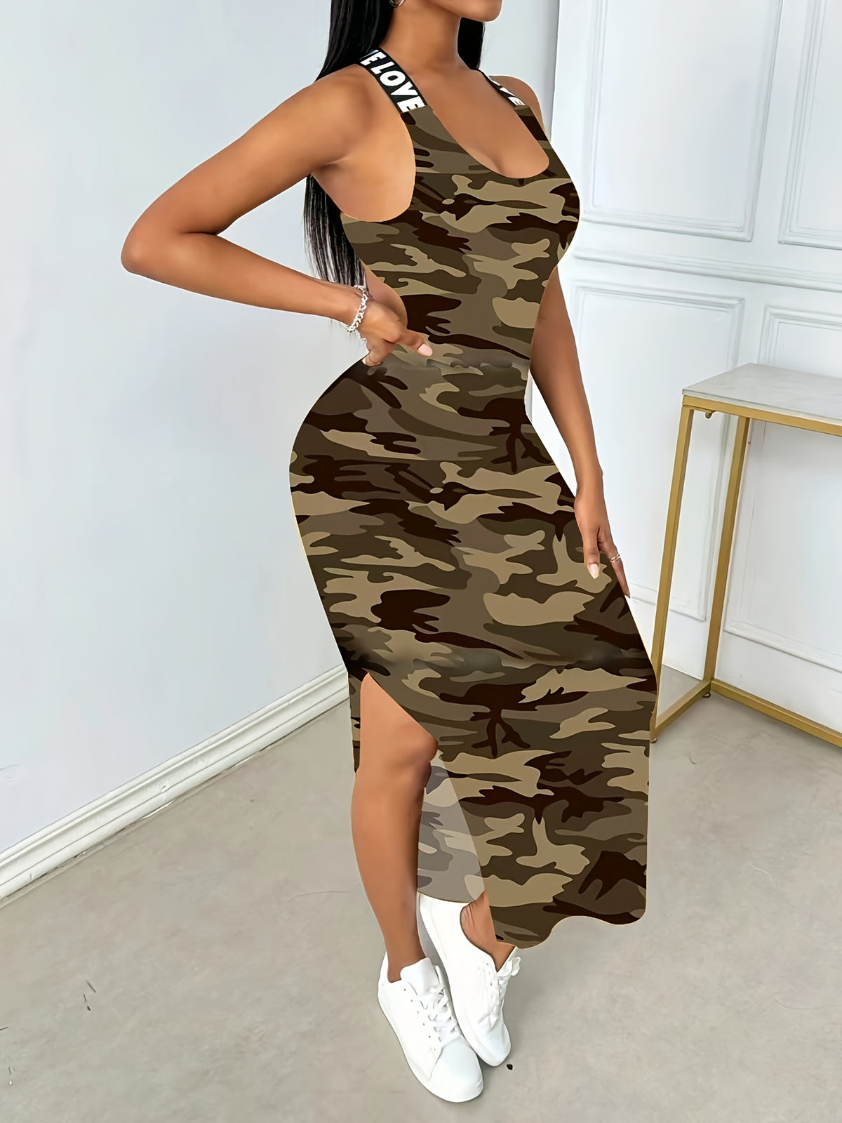 Women'S Elegant Sleeveless Off-Shoulder Camouflage Dress with Large Back Slit and "SOCIAL DISTANCING" Print - Stylish Summer Fashion, Perfect for Adult, Cross Strap Detail, Allseason Attire|Camouflage Pattern|Polyester Fabri - Mixed colors