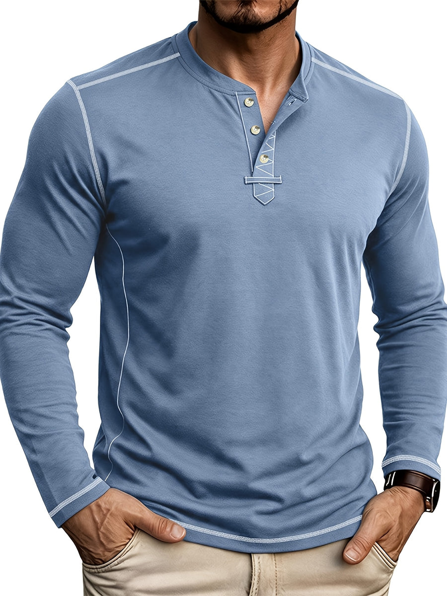 Autumn Winter Men'S Long Sleeve Henley Shirt, Cross-Border New Color-Block Fashion Casual Base Layer Round Neck T-Shirt - Dark Blue 1