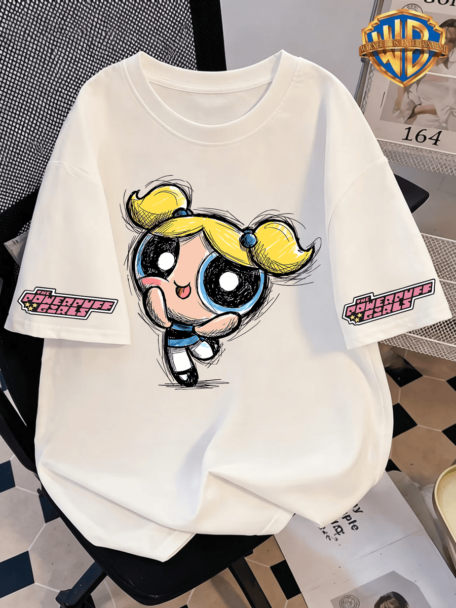 Authorized by Warner, Powerpuff Bubble Sketch Graffiti Q Graphic Printed Women'S T-Shirt, Women'S Fashion Short Sleeve T-Shirt, Daily Leisure And Travel Short Sleeve T-Shirt, Women'S Clothing, The Most Appropriate Gift Choice - White