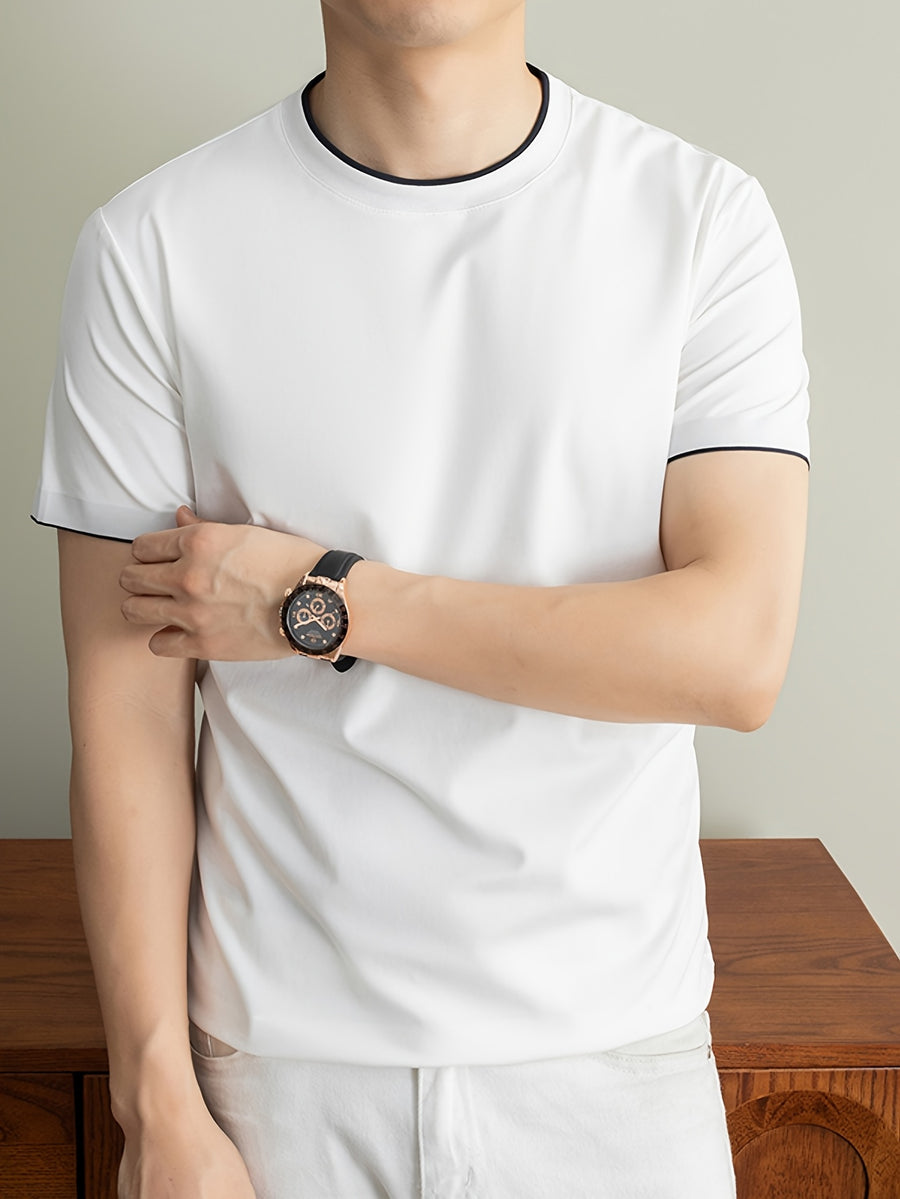 Summer Men'S Short Sleeve T-Shirt Casual Round Neck Solid Color Comfortable Cooling Breathable Polo Shirt - White